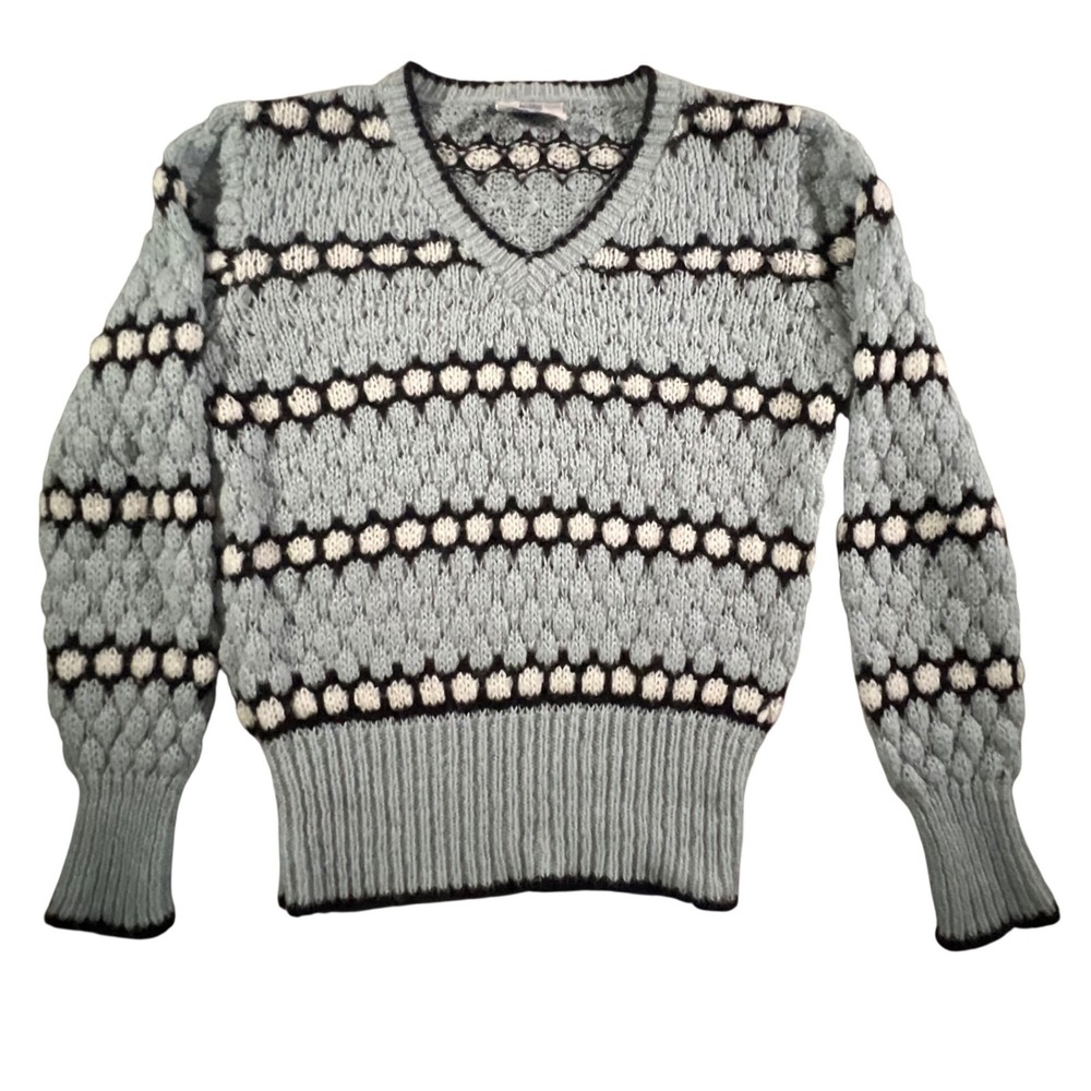 Western Connection‎ Sweater Womens Medium Blue Vintage 80s Popcorn Knit V-Neck